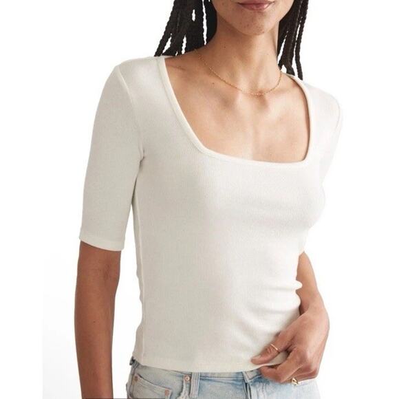 Marine Layer Lexi Rib White Ribbed Square Neck Tee Size S Tencel Blend NWT $54 - Picture 2 of 13